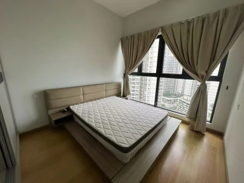 Bedroom features: queen-size bed frame without mattress, floor-to-ceiling windows, curtains in beige, wooden flooring, light grey painted walls, built-in wardrobe, side table, city view; style: modern; view: city.