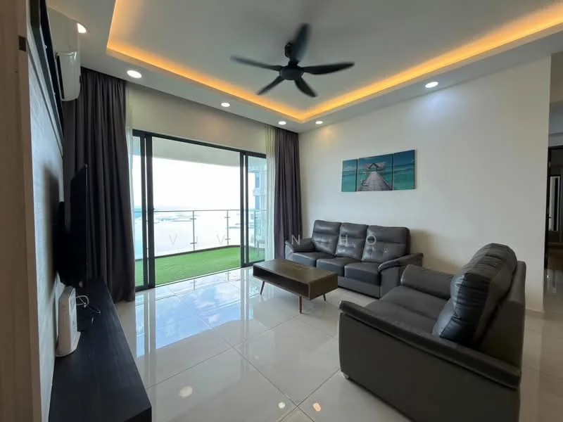 Living features: 3-seater leather sofa in dark grey, 2-seater leather sofa in dark grey, coffee table, wall-mounted TV, floor-to-ceiling windows, sliding glass door, curtains, recessed LED downlights, ceiling fan with light, white painted walls, glossy tile flooring, greenery view from balcony; style: modern; view: sea.