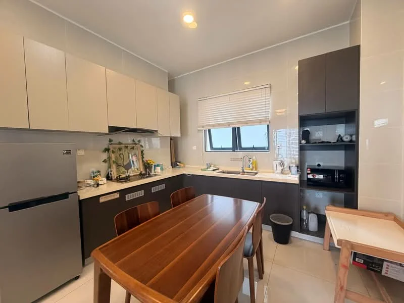 Kitchen features: light grey upper cabinets, dark brown lower cabinets, white quartz countertop, stainless-steel fridge, built-in microwave, sink with chrome faucet, window with blinds, dining table with wooden finish, four wooden dining chairs, ceramic tile flooring, recessed ceiling lights, kitchen utensils on countertop, waste bin; style: modern.