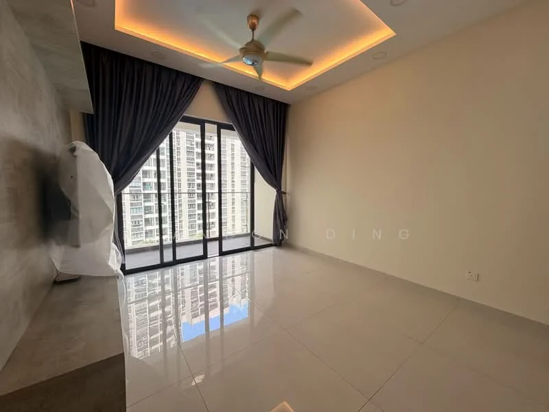 Living features: large floor-to-ceiling windows, sliding glass door, grey ceramic tile flooring, recessed downlights, 5-blade ceiling fan with light, dark curtains, light beige painted walls, feature wall with textured surface; style: modern; view: city.