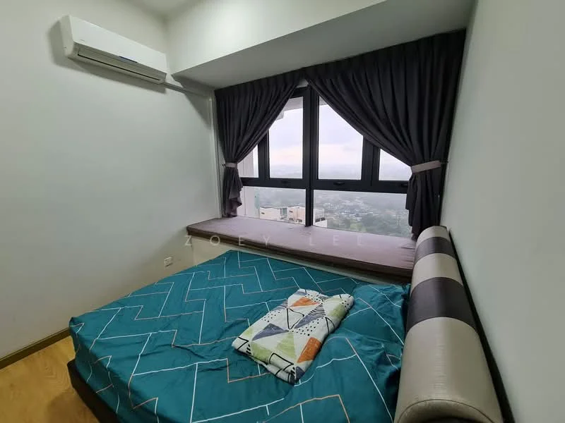 Bedroom features: queen-size bed, upholstered headboard, bedding with geometric pattern, window seat with cushion, floor-to-ceiling windows, grey curtains, wooden flooring, wall-mounted split AC; style: modern; view: city.