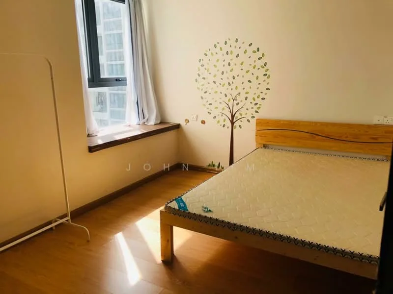 Bedroom features: wooden flooring, white painted walls, large window with city view, window treatments with sheer curtains, wooden bed frame, mattress on bed frame, decorative wall decal of a tree, built-in electrical outlets; style: modern; view: city.