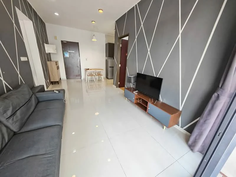 Living features: grey fabric sofa, coffee table, wall-mounted TV, TV console in wood, white painted walls, geometric accent wall, recessed downlights, sliding glass door, floor-to-ceiling windows, ceramic tile flooring, dining table with chairs, refrigerator; style: modern.