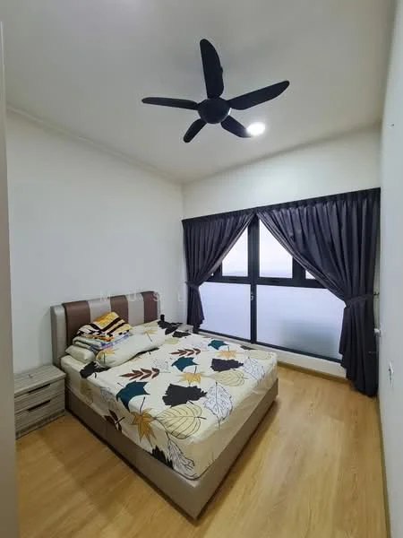 Bedroom features: queen-size bed with patterned bedding, upholstered headboard, 2 bedside tables, black ceiling fan, recessed ceiling lights, floor-to-ceiling windows, blackout curtains, wooden flooring, decorative wall art; style: modern.