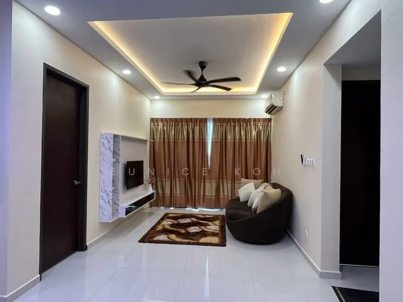Living features: white painted walls, polished ceramic tile flooring, tray ceiling with recessed lighting, 5-blade ceiling fan with light, floor-to-ceiling windows with sheer curtains, marble feature wall, brown upholstered armchair, area rug with geometric pattern, wall-mounted TV console, decorative wall art; style: modern.