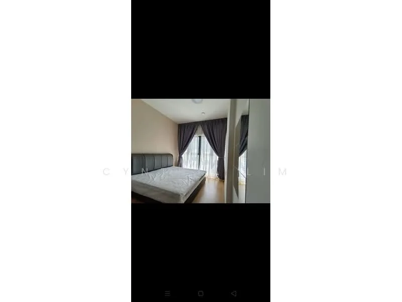 Bedroom features: queen-size bed, upholstered headboard, floor-to-ceiling windows, sheer curtains, dark grey curtains, wooden flooring, light fixture on ceiling, neutral wall colour; style: modern.