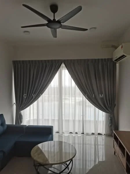 Living features: 3-seater fabric sofa in blue, round coffee table with glass top, 5-blade ceiling fan with light, wall-mounted split AC, floor-to-ceiling windows, sheer curtains, grey drapes, polished tile flooring, wall-mounted TV console; style: modern.