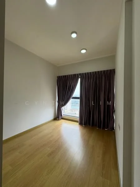 Bedroom features: light wood laminate flooring, white painted walls, recessed downlights, floor-to-ceiling window, purple curtains, city view; style: modern; view: city.