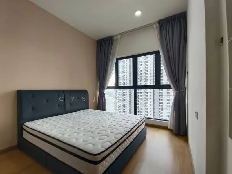 Bedroom features: queen-size bed, upholstered headboard, floor-to-ceiling windows, grey curtains, light wood flooring, painted walls in beige, decorative wall, built-in wardrobe; style: modern; view: city.