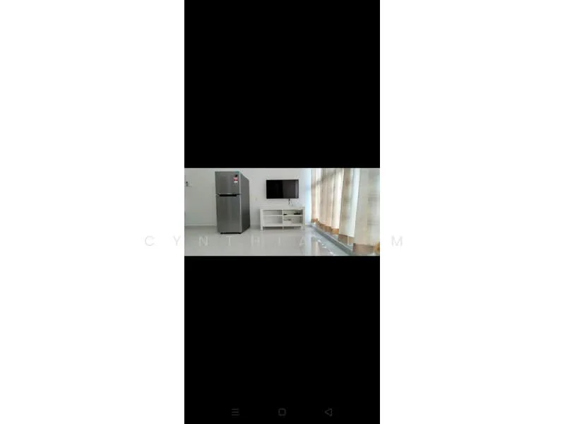 Living features: grey tiled flooring, white walls, refrigerator, wall-mounted TV, TV console in white, sheer curtains, large window, decorative wall; style: modern.