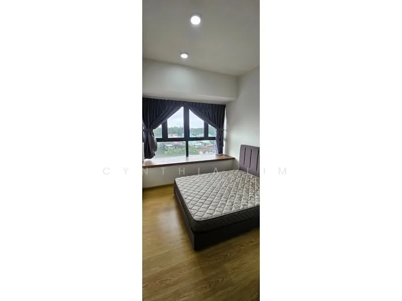 Bedroom features: queen-size bed, upholstered headboard, floor-to-ceiling windows, grey curtains, wooden flooring, recessed downlights, decorative wall, view of city skyline; style: modern; view: city.