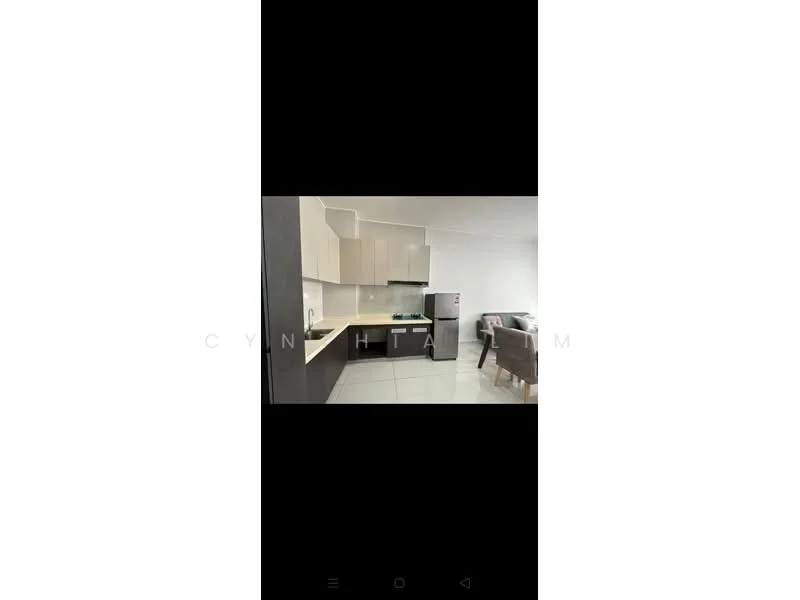 Kitchen features: white cabinetry, black lower cabinets, light-colored countertop, stainless-steel fridge, built-in gas stove, exhaust hood, ceramic tile flooring, wall-mounted cabinets, sink, window with natural light; style: modern.
