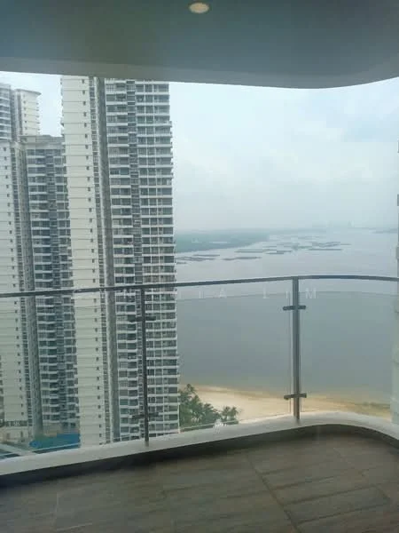 Room features: glass balcony railing, tile flooring, city skyline view, sea view, high-rise building, concrete wall, overcast sky; style: modern; view: sea.