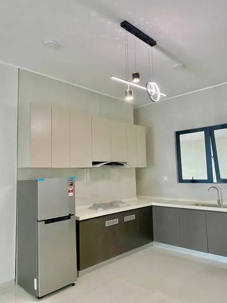Kitchen features: stainless-steel fridge, built-in oven, single-bowl stainless-steel sink, chrome pull-down faucet, light grey cabinetry, dark grey lower cabinetry, white countertop, pendant lighting, wall-mounted range hood, floor-to-ceiling window, tile flooring, recessed ceiling lights; style: modern.