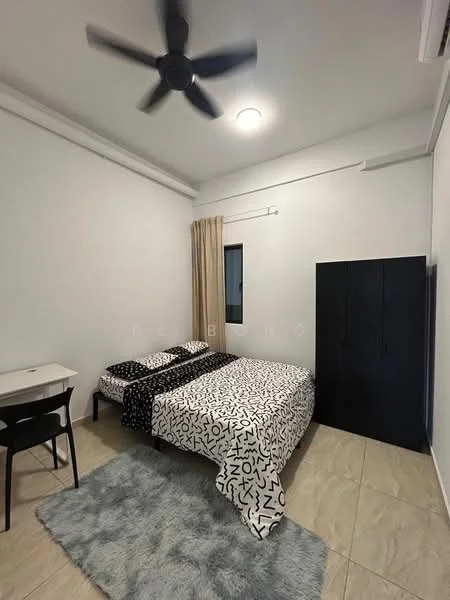 Bedroom features: queen-size bed with patterned bedding, black wardrobe, study desk with chair, area rug, ceiling fan, window with curtain, light-colored tiled flooring, white painted walls; style: modern.