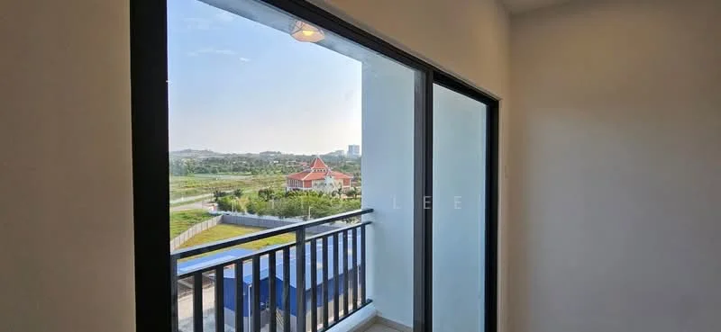 Room features: floor-to-ceiling windows, sliding glass door, balcony with railing, view of landscape, view of neighboring buildings, natural light, neutral wall color, tile flooring; view: landscape.