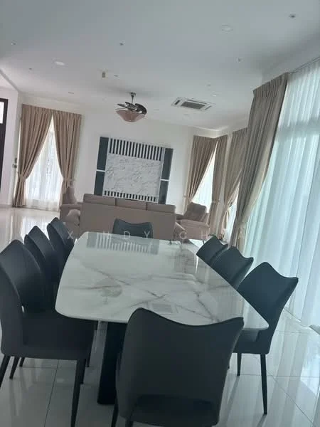 Dining features: marble dining table, 8 black dining chairs, white walls, large windows with sheer curtains, recessed downlights, ceiling fan, polished tile flooring, decorative wall panel, neutral-toned sofa in background, curtains in beige, open layout to living area; style: modern.