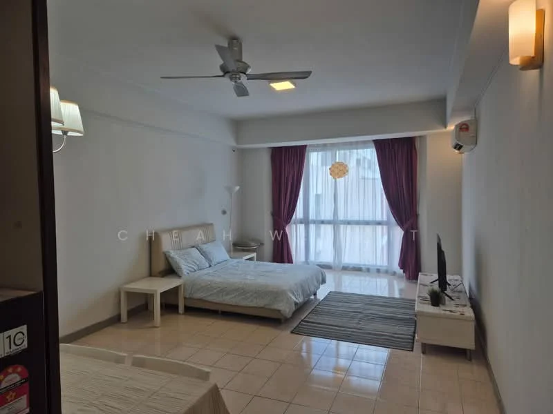 Bedroom features: queen-size bed, upholstered headboard, bedside lamps, ceiling fan with light, floor-to-ceiling windows, curtains in burgundy, light-colored bedding, TV console, wall-mounted TV, area rug with geometric pattern, tile flooring, decorative wall sconce; style: modern; view: city.