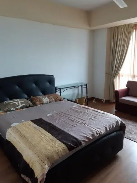 Bedroom features: king-size bed with upholstered headboard, brown bedding, wooden flooring, floor-to-ceiling windows, curtains, side table, armchair, area rug; style: modern.