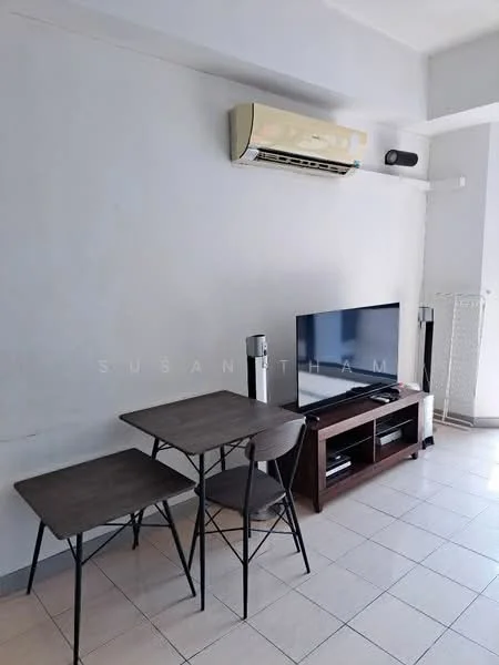 Living features: white painted walls, tile flooring, 1 wall-mounted split AC, wall-mounted TV, TV console, 2-seater dining table, black metal dining chairs, freestanding floor lamp, clothes drying rack; style: modern.