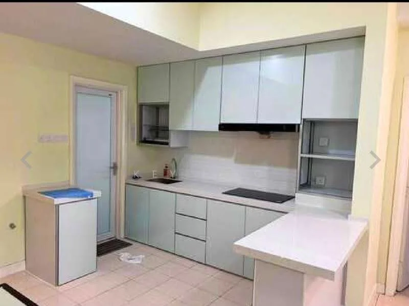 Kitchen features: light green cabinetry, white countertop, built-in oven, stainless-steel sink, chrome pull-down faucet, ceramic tile flooring, wall-mounted range hood, open shelving, refrigerator space, sliding glass door, neutral wall color; style: modern.