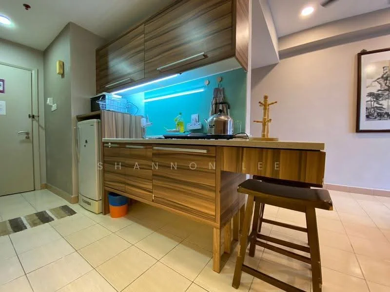 Kitchen features: wood cabinetry, light blue backsplash, stainless-steel sink, chrome faucet, countertop with wood finish, built-in stove, refrigerator, tile flooring, bar stool, under-cabinet lighting; style: modern.