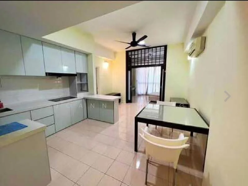 Kitchen features: light blue cabinetry, white countertop, stainless-steel sink, chrome pull-down faucet, built-in oven, freestanding range oven, refrigerator, tile backsplash, tile flooring, ceiling fan, wall-mounted split AC, dining table with four chairs, floor-to-ceiling windows, natural light; style: modern.