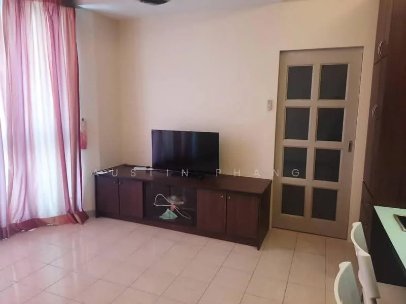 Living features: light-colored walls, white tiled flooring, floor-to-ceiling windows with sheer curtains, wall-mounted TV, wooden TV console, glass door, ceiling fan, decorative wall unit; style: modern.