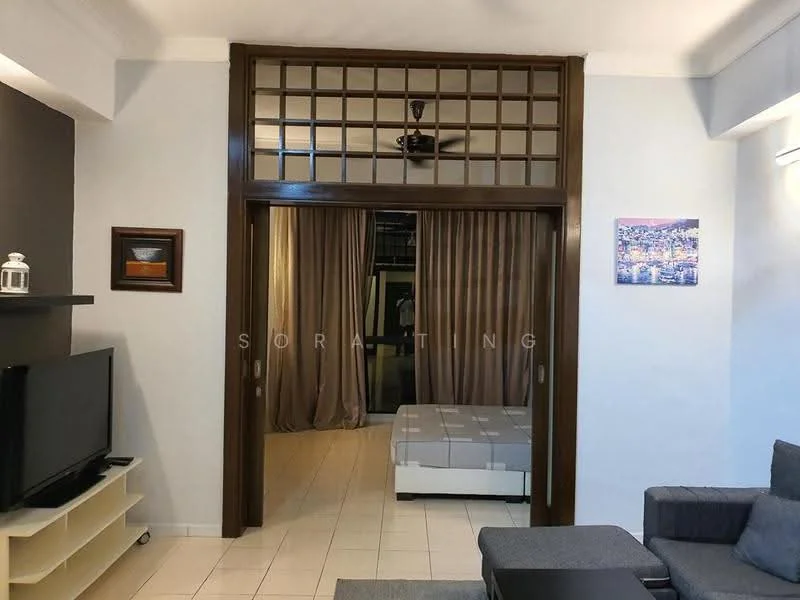 Living features: grey fabric sofa, black coffee table, TV console, wall-mounted TV, ceiling fan, light-colored tiled flooring, decorative wall art, curtains, wooden partition with grid design, neutral painted walls; style: modern. Room features: light-colored tiled flooring, curtains, neutral painted walls.