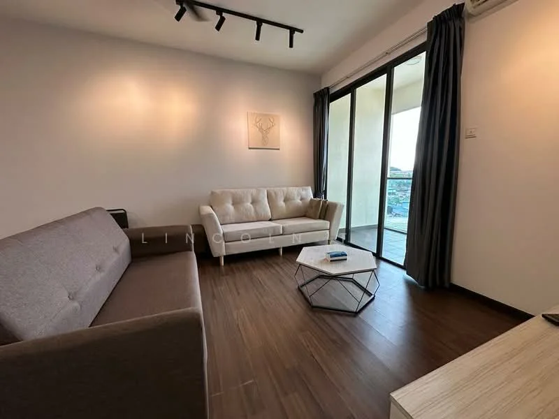 Living features: 2-seater fabric sofa in beige, 3-seater fabric sofa in grey, coffee table with geometric design, wooden flooring, floor-to-ceiling sliding glass door, curtains in dark grey, track lighting, wall-mounted artwork; style: modern; view: city.