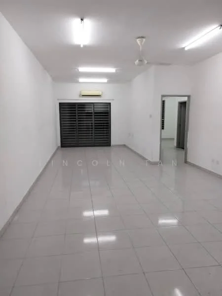 Room features: white painted walls, glossy ceramic tile flooring, recessed LED downlights, 1 ceiling fan, sliding glass door, air conditioning unit, open layout, large windows; style: modern.