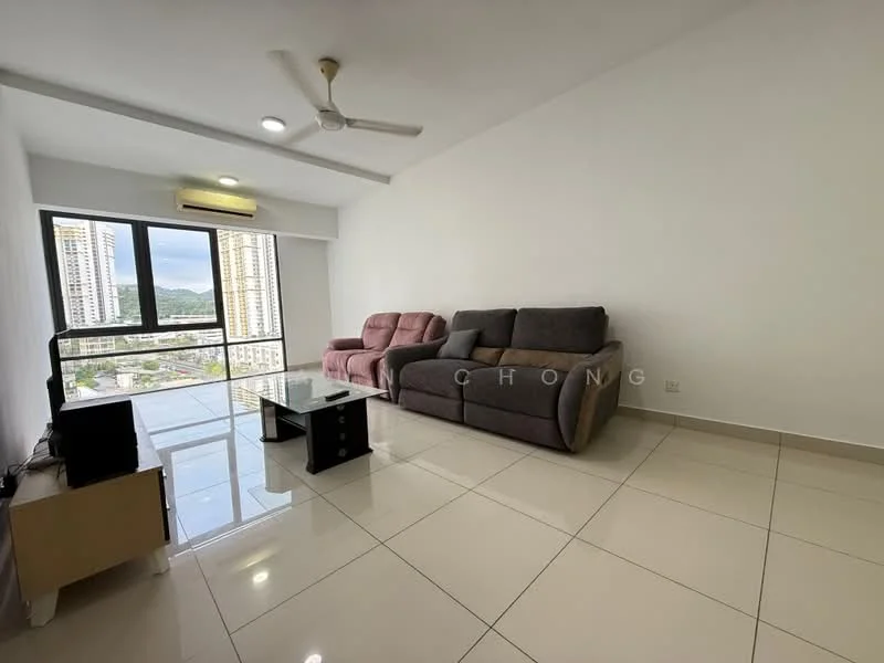 Living features: grey fabric sofa, pink recliner sofa, glass coffee table, TV console, floor-to-ceiling windows, city view, white painted walls, recessed downlights, ceramic tile flooring, 1 wall-mounted split AC, ceiling fan; style: modern; view: city.