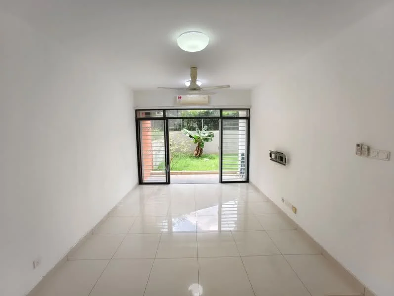 Living features: white painted walls, glossy ceramic tile flooring, 5-blade ceiling fan with light, sliding glass door, floor-to-ceiling windows, air conditioning unit, natural light from windows, view of garden; style: modern; view: garden.