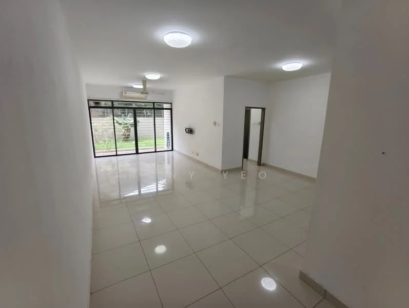 Living features: white painted walls, glossy ceramic tile flooring, recessed downlights, 5-blade ceiling fan, sliding glass door, floor-to-ceiling windows, air conditioning unit, neutral color scheme; style: modern; view: garden.