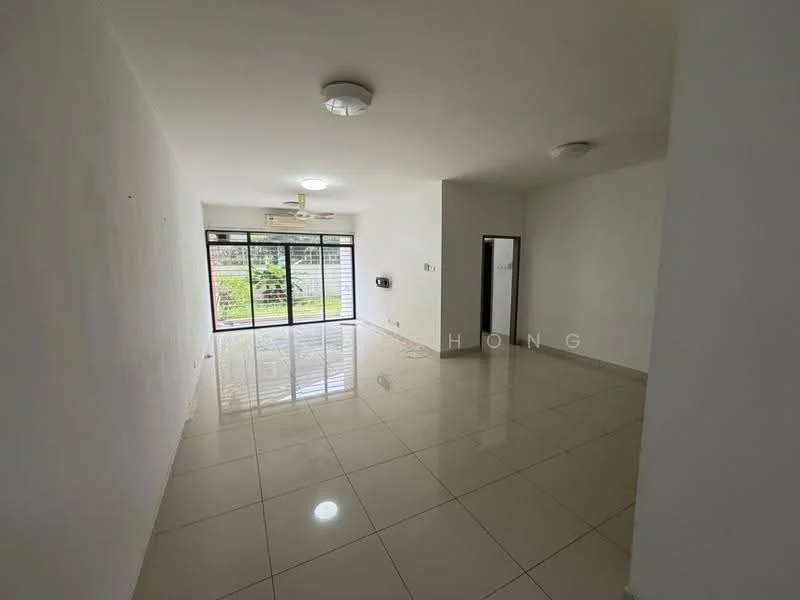 Living features: white painted walls, glossy ceramic tile flooring, ceiling fan, recessed downlights, floor-to-ceiling windows, sliding glass door, natural light, view of garden, air conditioning unit; style: modern; view: garden.