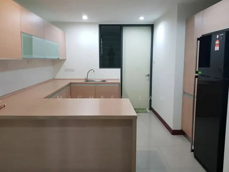 Kitchen features: light wood cabinetry, laminate countertop, single-bowl stainless-steel sink, chrome pull-down faucet, built-in refrigerator, ceramic tile flooring, white painted walls, window with view to outside, door leading to hallway; style: modern.