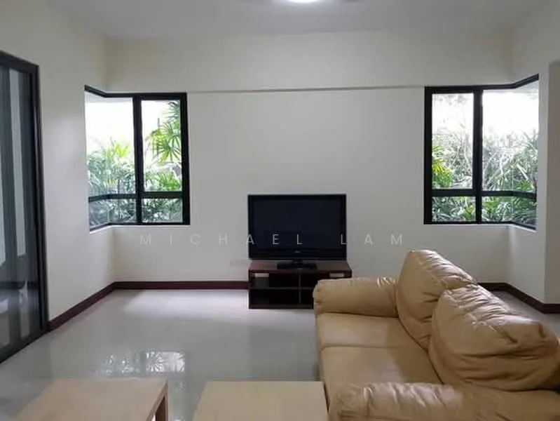 Living features: cream painted walls, glossy tile flooring, floor-to-ceiling windows, sliding glass door, 3-seater leather sofa in beige, coffee table, TV console, wall-mounted TV, decorative plants visible outside, natural light from windows; style: modern; view: garden.