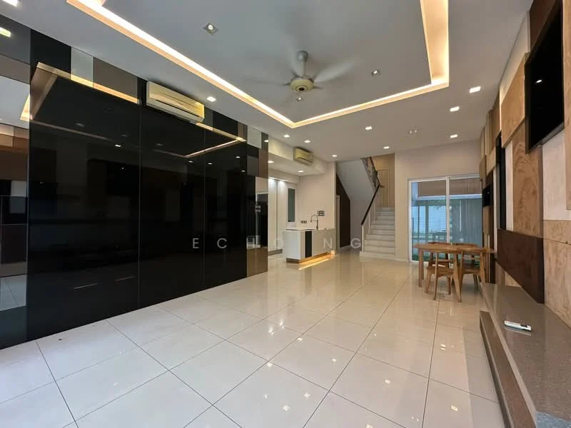 Living features: white tiled flooring, black glossy feature wall, recessed ceiling with LED lighting, 5-blade ceiling fan, wall-mounted TV, open layout, large windows for natural light, dining area with wooden table and chairs, staircase leading to upper floor, neutral color palette; style: modern. Kitchen features: white cabinetry, countertop with integrated sink, built-in appliances, open layout to living area; style: modern.