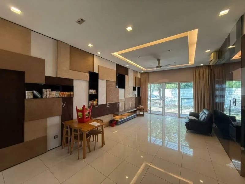 Living features: cream painted walls, accent wall with geometric design, recessed ceiling with LED lighting, 5-blade ceiling fan with light, large sliding glass doors, floor-to-ceiling windows, white glossy tile flooring, wooden shelf with books, dining table with chairs, black leather sofa, decorative wall panels; style: modern; view: garden.