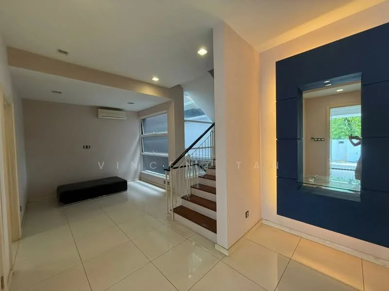 Room features: white painted walls, glossy white tile flooring, staircase with wooden steps, wall-mounted air conditioning unit, recessed ceiling lights, glass display shelf, large windows with natural light, open layout; style: modern.