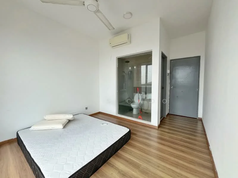 Bedroom features: wooden flooring, white painted walls, ceiling fan, window with natural light, unmade bed with mattress, built-in wardrobe, air conditioning unit, attached bathroom with glass enclosure; style: modern. Bathroom features: toilet, shower with glass enclosure, sink with faucet, tile flooring, white tiled walls.