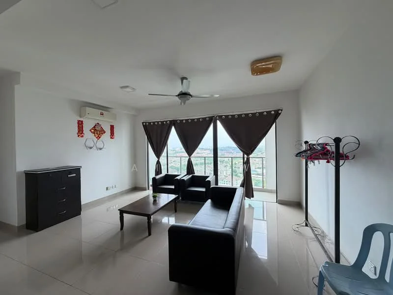 Living features: 3-seater leather sofa in black, coffee table, floor-to-ceiling windows, city view, 5-blade ceiling fan with light, wall-mounted air conditioning unit, curtains in dark brown, tile flooring in light beige, decorative wall art, black wooden cabinet, clothes rack, plastic chair; style: modern; view: city.