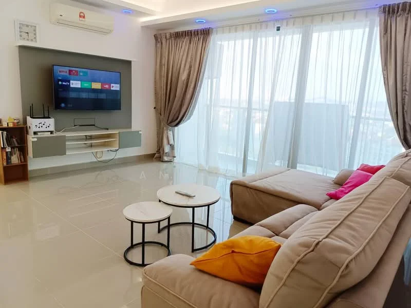 Living features: light grey fabric sectional sofa, two round coffee tables with marble tops, wall-mounted flat-screen TV, light-colored TV console, floor-to-ceiling windows with sheer curtains, grey curtains, recessed ceiling lights, glossy tile flooring, decorative cushions in pink and orange; style: modern; view: city.
