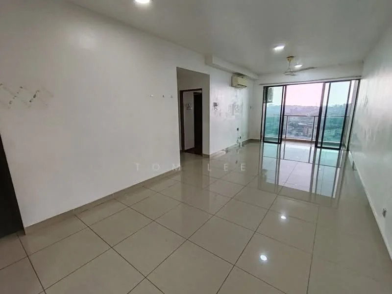 Living features: white painted walls, glossy ceramic tile flooring, ceiling fan, floor-to-ceiling windows, sliding glass door, balcony access, air conditioning unit, neutral color scheme; style: modern; view: city.