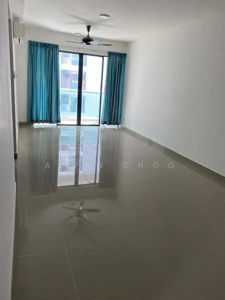 Living features: white painted walls, glossy ceramic tile flooring, 5-blade ceiling fan, floor-to-ceiling sliding glass door, curtains in turquoise, recessed ceiling lights, open layout, natural light from balcony; style: modern; view: city.