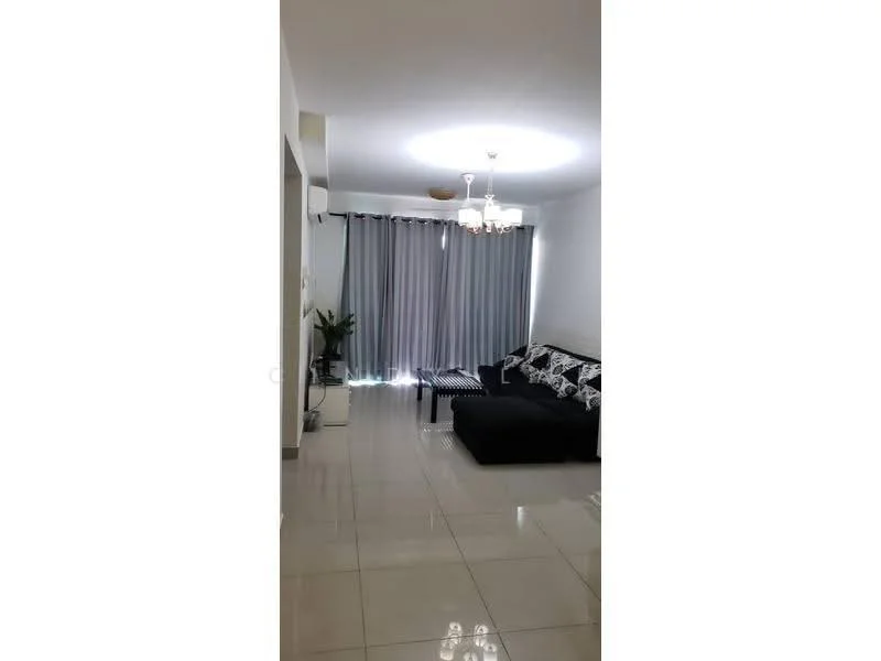 Living features: black L-shape sectional sofa, white and black patterned throw pillows, white walls, glossy tile flooring, recessed ceiling lights, chandelier with multiple bulbs, floor-to-ceiling grey curtains, decorative plant in pot, coffee table, area rug; style: modern.