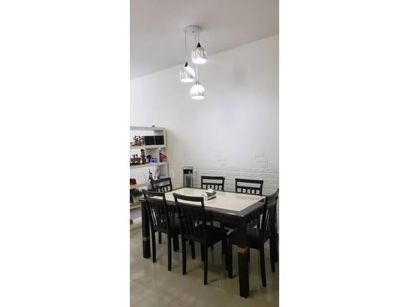 Dining features: rectangular dining table with white surface, 6 black wooden dining chairs, pendant light fixture with three bulbs, white painted walls, shelving unit with decorative items, tile flooring, decorative wall with textured finish; style: modern.