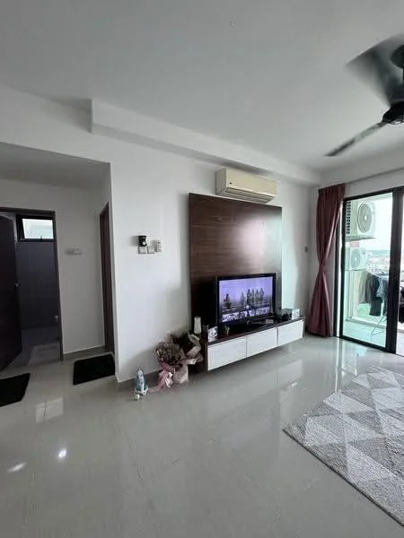 Living features: white painted walls, polished tile flooring, 5-blade ceiling fan with light, wall-mounted TV, TV console with storage, large glass sliding door, curtains in burgundy, decorative area rug, air conditioning unit, decorative plants, wall-mounted light fixture; style: modern; view: city. Room features: doorway leading to hallway, grey tiled flooring.