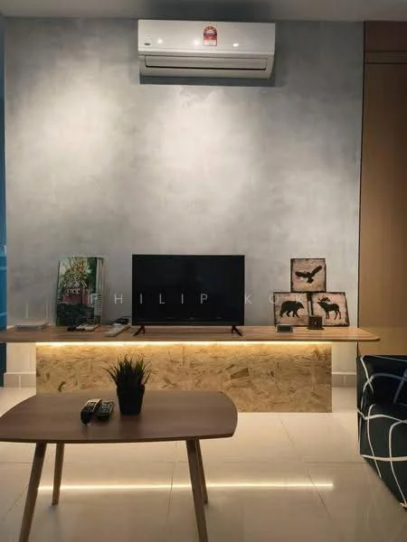 Living features: grey textured wall, white tiled flooring, 1 wall-mounted split AC, wooden TV console with LED lighting, flat-screen TV, decorative frames with animal prints, small potted plant, coffee table, blue patterned sofa; style: modern.