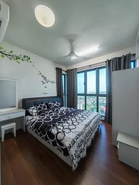 Bedroom features: king-size bed with black and white patterned bedding, upholstered headboard, wooden flooring, floor-to-ceiling windows, curtains in dark grey, ceiling fan, wall-mounted mirror, white bedside table, white wardrobe, decorative wall with plant design; style: modern; view: city.